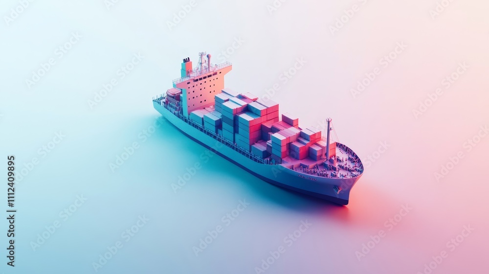 A cargo ship with containers in gradient colors, positioned on a pure white surface, clean lines, and minimalistic composition A cargo ship with containers in gradient colors, positioned on a pure white surface, clean lines, and minimalistic composition