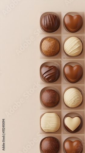 A box of assorted chocolate truffles with heart-shaped candies, arranged in neat rows, on a light cream background Valentine's day vertical social media concept, photo footage stories reels