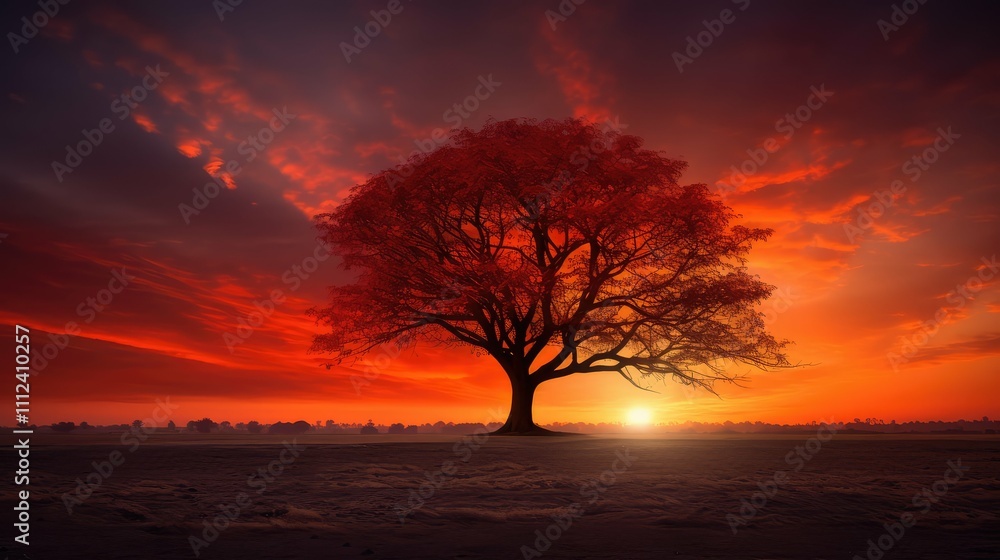 Fototapeta premium vibrant lone tree red leaves