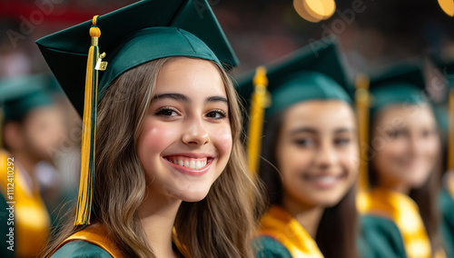 Graduation ceremony with high school students wearing green caps and gowns, smiling joyfully. atmosphere is filled with excitement and celebration