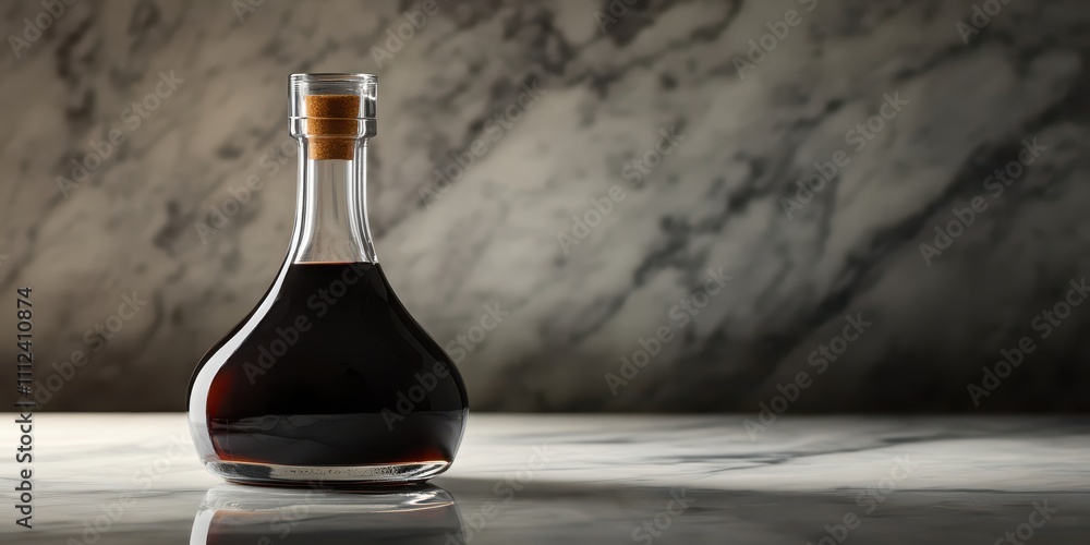 Bottle of rich balsamic vinegar on a sleek marble surface, front view, ample space for text. Bottle of rich balsamic vinegar on a sleek marble surface, front view, ample space for text.