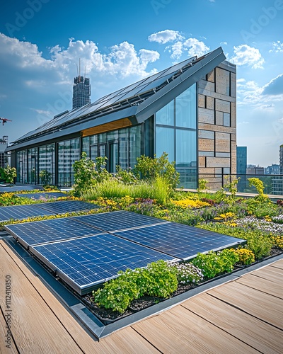 A rooftop garden with lush greenery and solar panels photo