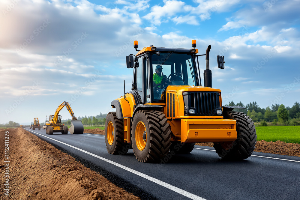 Heavy machinery operates on construction site, showcasing yellow road roller and bulldozer on asphalt road. scene captures essence of roadwork and infrastructure development Heavy machinery operates on construction site, showcasing yellow road roller and bulldozer on asphalt road. scene captures essence of roadwork and infrastructure development