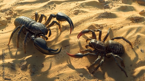 A scorpion and a tarantula in a tense standoff on a sandy desert floor, their poised stingers and fangs symbolizing precision and timing in a competitive environment photo