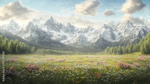 A mountain range with flowers in the foreground and clouds in the background.