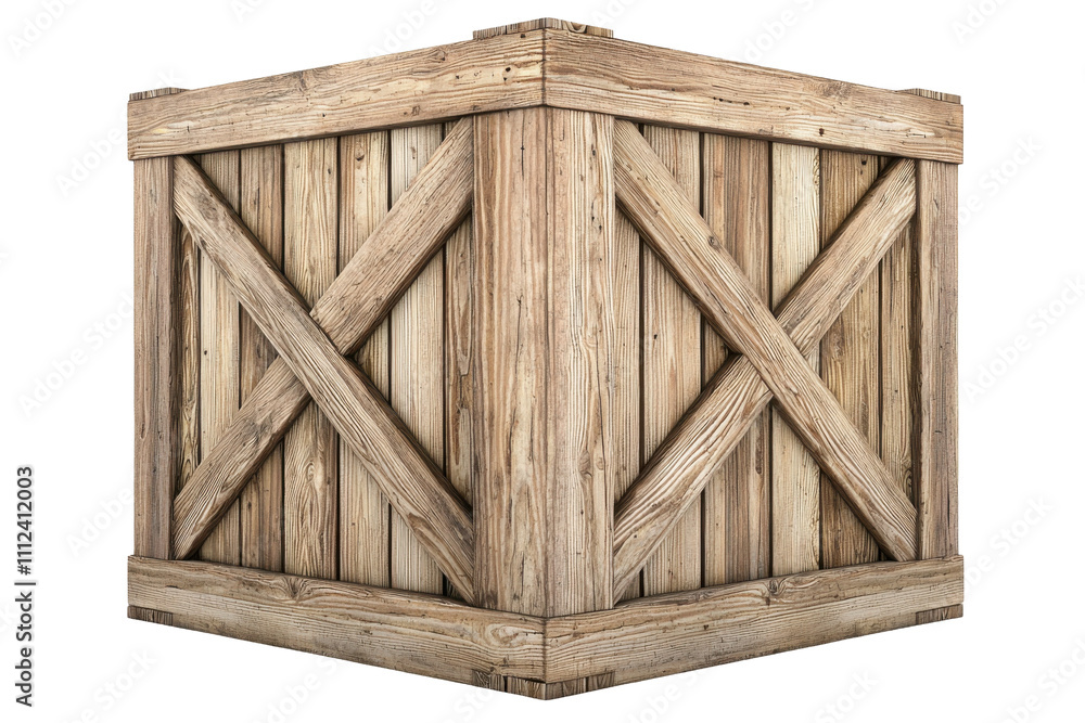 A wooden crate with a rustic design, often used for storage or shipping purposes. A wooden crate with a rustic design, often used for storage or shipping purposes.