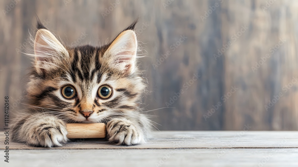 Fototapeta premium fluffy cat photography with wooden. A playful kitten with striking eyes rests its paws on a wooden surface, looking curiously at the camera against a rustic backdrop.