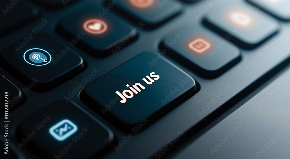 Join us button on keyboard, symbolizing connection and engagement. This close up image highlights importance of community and interaction in digital world Join us button on keyboard, symbolizing connection and engagement. This close up image highlights importance of community and interaction in digital world
