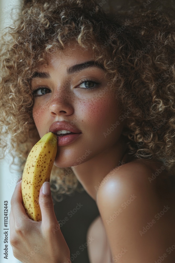 A serene and beautiful woman enjoying a banana, her face framed by soft curls, with a shallow depth of field creating a dreamy, intimate atmosphere