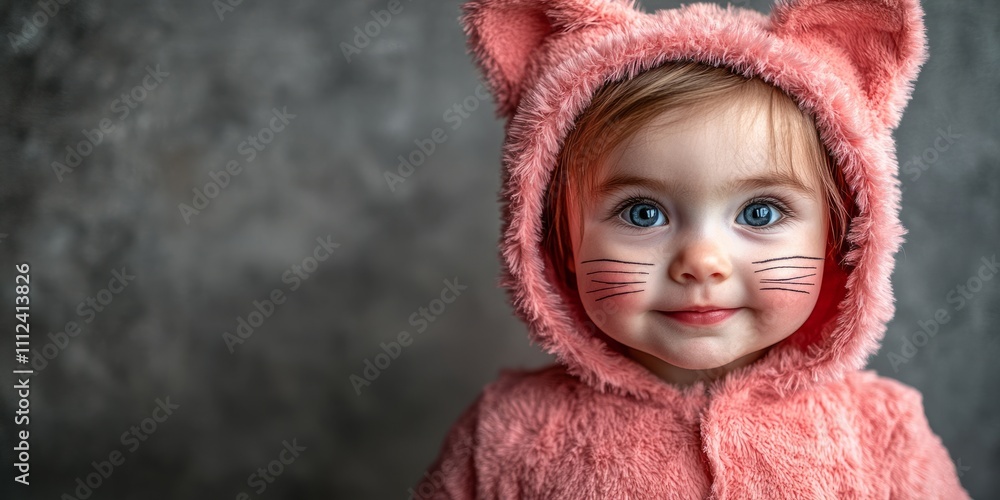Little girl in pink cat costume with painted whiskers. Little girl in pink cat costume with painted whiskers.