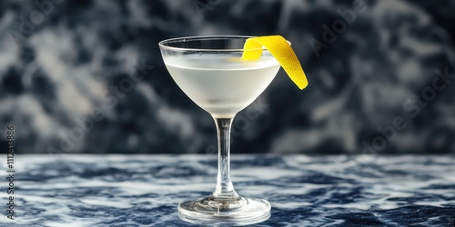 Italian-style Vesper Martini garnished with lemon peel, served in a sleek martini glass on a marble background, front view, ample text space.