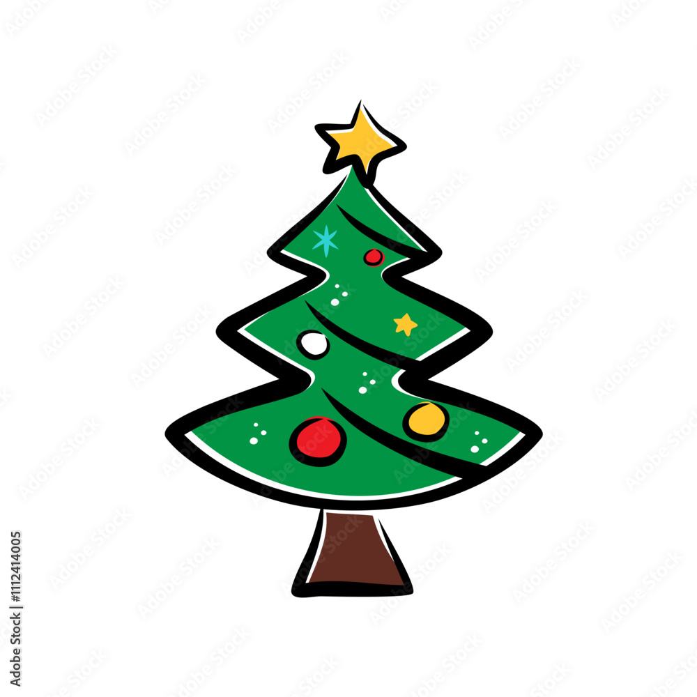 Simple Christmas Tree Icon with Star and Decorations, Holiday Graphic Simple Christmas Tree Icon with Star and Decorations, Holiday Graphic