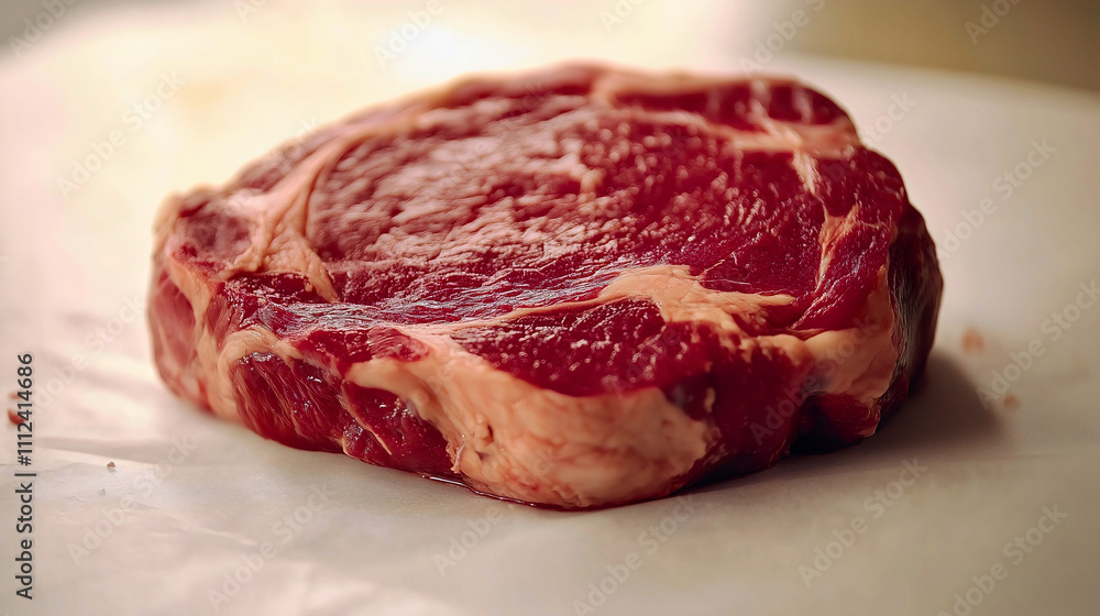 Fresh marbled ribeye steak raw uncooked, prime angus beef cut with fat marbling, gourmet butcher meat preparation Fresh marbled ribeye steak raw uncooked, prime angus beef cut with fat marbling, gourmet butcher meat preparation