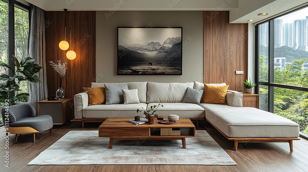 Modern Scandinavian Living Room with Walnut Accents Modern Scandinavian Living Room with Walnut Accents