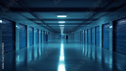 A lengthy hallway with blue storage units placed alongside the wall.