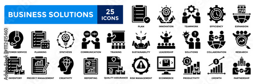 Business solutions icon collection set. Containing plan, innovation, teamwork, efficiency, expansion, solutions, collaboration icon. Simple solid vector illustration.