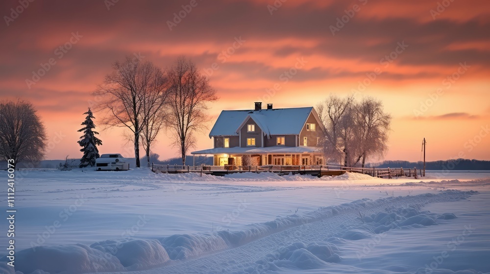 golden farm house snow