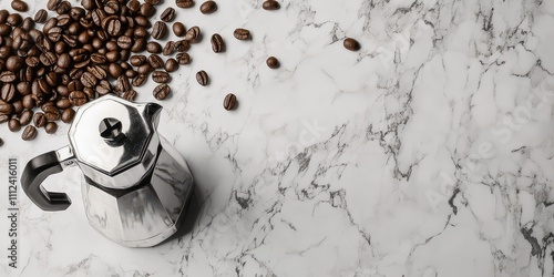 Classic Italian moka pot with fresh coffee beans on marble background, reserved text space. photo