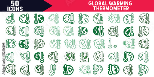 Global warming icon set in bold duotone style eco house, high temperature, iceberg, thermometer.