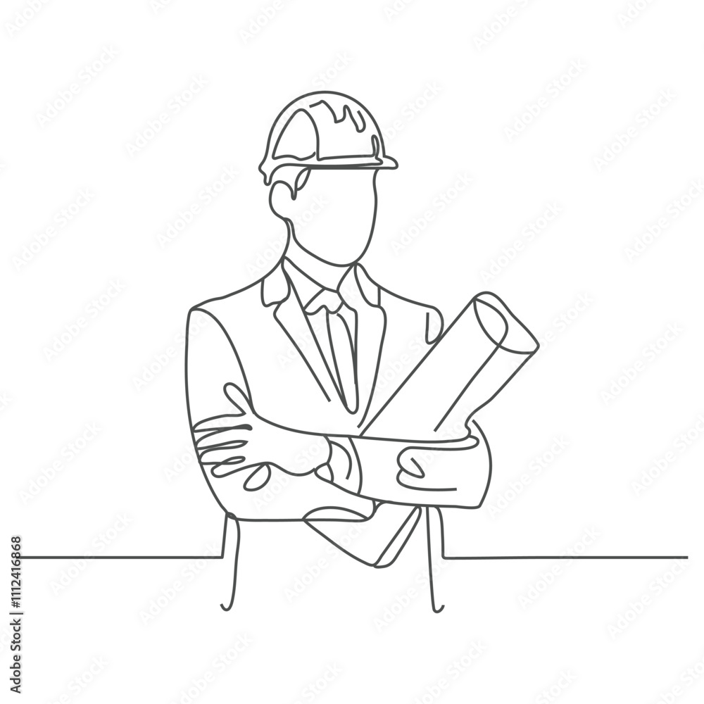 Engineering outline character line art illustration hand drawn engineer holding blueprint document. Engineering outline character line art illustration hand drawn engineer holding blueprint document.