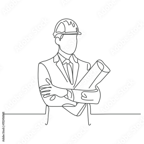 Engineering outline character line art illustration hand drawn engineer holding blueprint document.