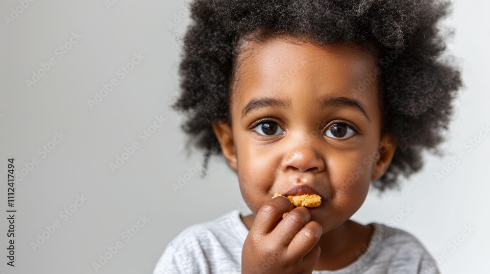 A young child with dark skin and curly hair is eating a snack. A young child with dark skin and curly hair is eating a snack.