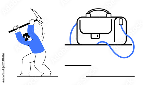 Man swinging a pickaxe with large briefcase connected by wires. Ideal for business, innovation, start-ups, work-life balance, technology integration, determination, goal-setting. Line metaphor