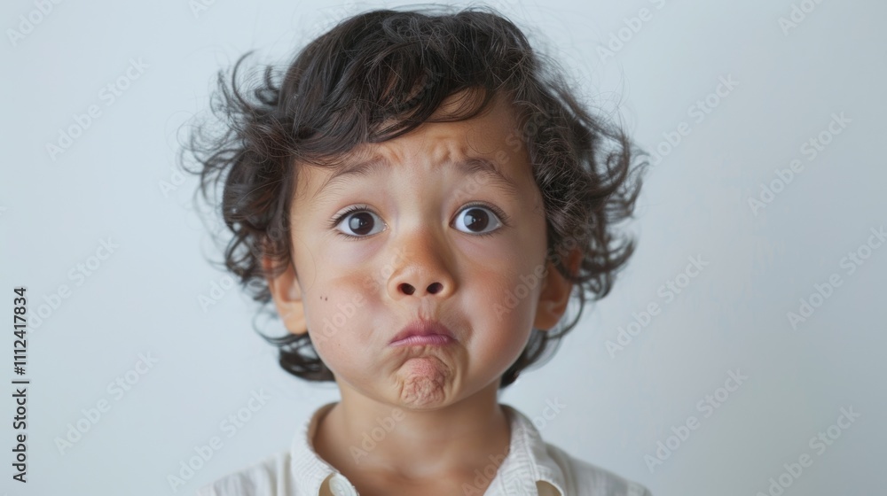 A young boy with curly hair and a white shirt displaying a puzzled expression. A young boy with curly hair and a white shirt displaying a puzzled expression.