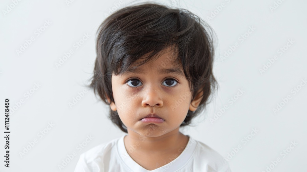 A young child with dark hair wearing a white shirt gazing directly at the camera with a neutral expression.