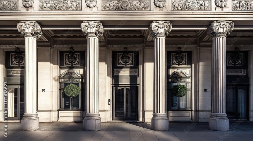 Obraz premium International court facade with grand architecture and flagpoles, symbolizing justice and global cooperation in resolving disputes.