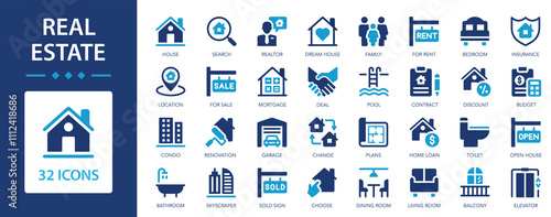 Real estate flat icons collection. Real estate search, home sale and rental. Realtor, key, buy, sell, kitchen, bedroom, house.