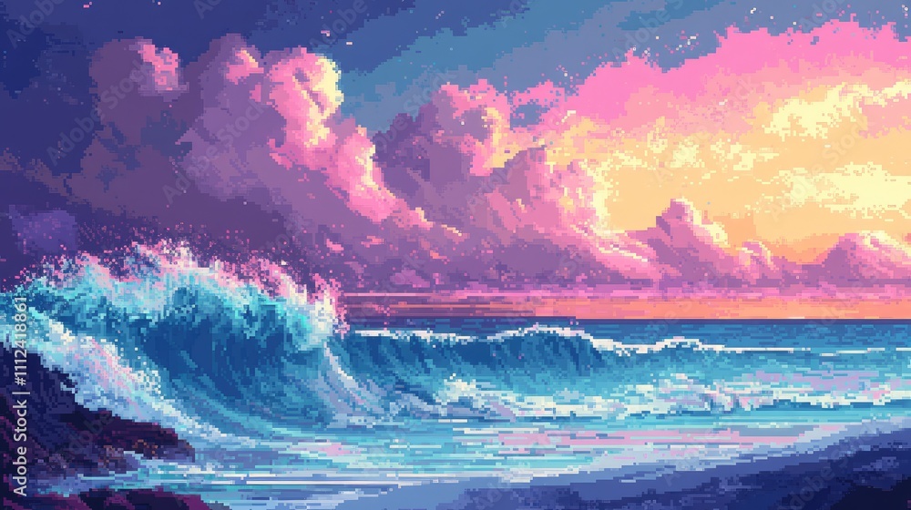 Fototapeta premium A pixelated coastal landscape, with abstract waves and a vibrant sky blending shades of pink, purple, and blue