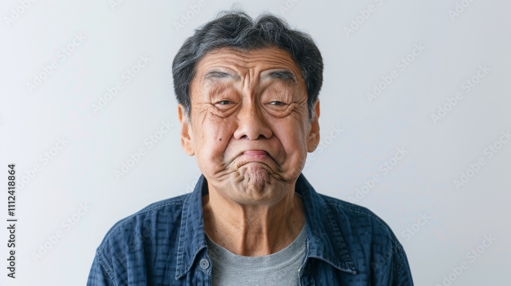 The image shows a man with a grumpy face making a funny expression. The image shows a man with a grumpy face making a funny expression.