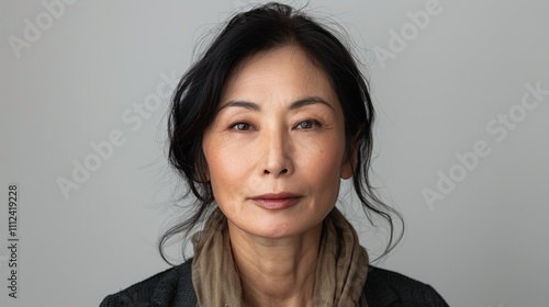 A woman with dark hair pulled back into a messy bun gazing directly at the camera wears a black top and a brown scarf set against a light gray background.