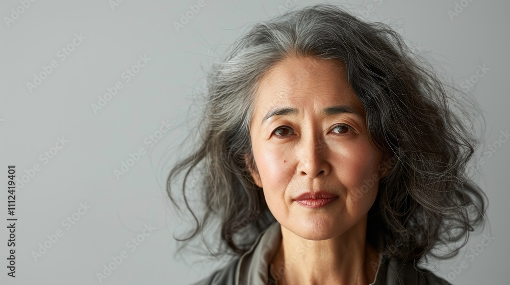 A portrait Of a middle-aged woman with gray hair looking directly at the camera set against a plain gray background. A portrait Of a middle-aged woman with gray hair looking directly at the camera set against a plain gray background.