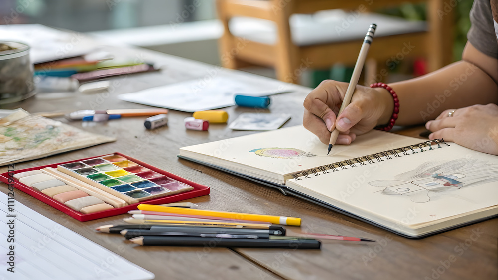 Fototapeta premium Hand Sketching in Notebook with Art Tools Nearby. Perfect for: Art classes, creative events