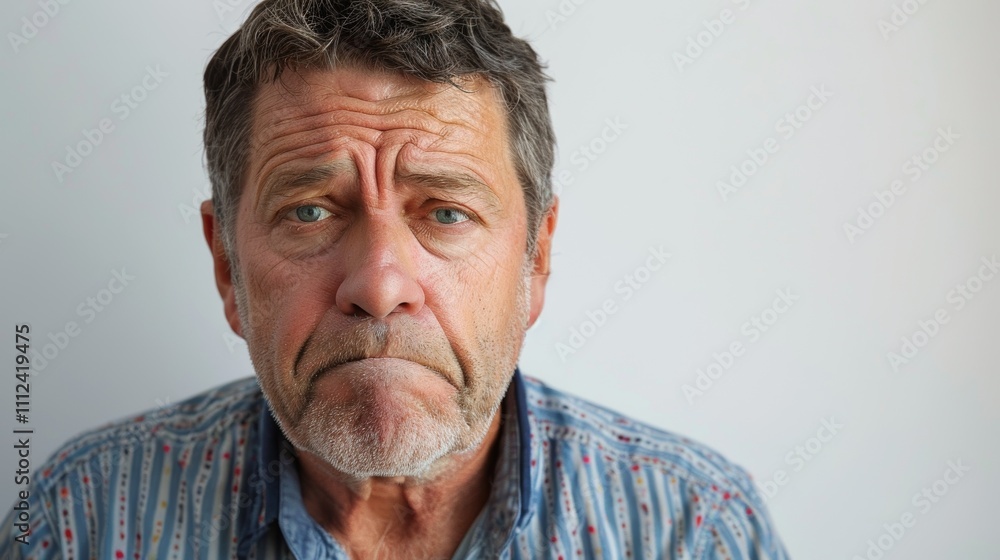 A close-up portrait Of a man with a sad expression grey hair and a blue shirt with a pattern. A close-up portrait Of a man with a sad expression grey hair and a blue shirt with a pattern.