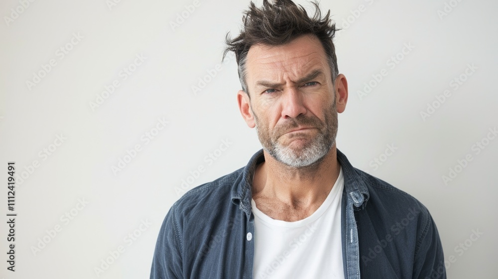 A middle-aged man with a serious expression. sporting a short beard and dark hair styled in a messy white t-shirt layered under an unbuttoned denim shirt set against a plain white background. A middle-aged man with a serious expression. sporting a short beard and dark hair styled in a messy white t-shirt layered under an unbuttoned denim shirt set against a plain white background.