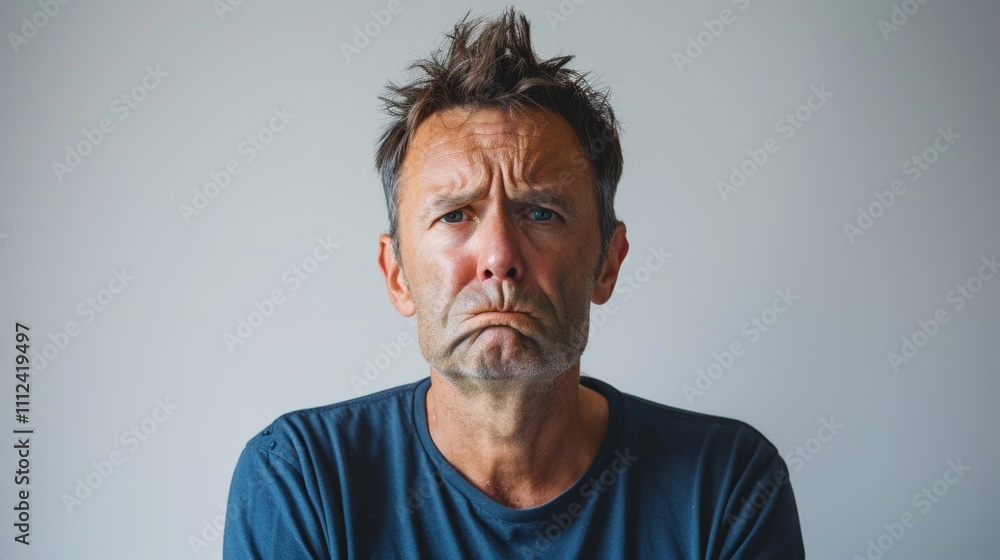 A middle-aged man with short dark hair and blue eyes wearing a gray and white striped shirt is neutral with a hint of sadness Or Concern. A middle-aged man with short dark hair and blue eyes wearing a gray and white striped shirt is neutral with a hint of sadness Or Concern.