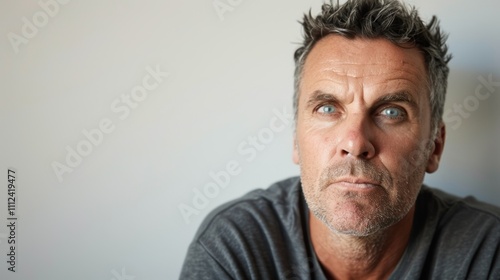 A middle-aged man with short. spiky hair and a grey t-shirt looks directly at the camera with a neutral expression his gaze steady and unblinking.