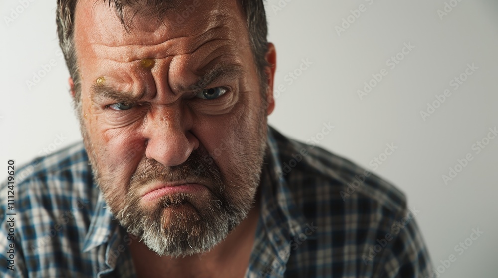 Obraz premium A man with a grumpy expression sporting short brown hair and a plaid shirt on plain white background provides a neutral setting for the Scene.