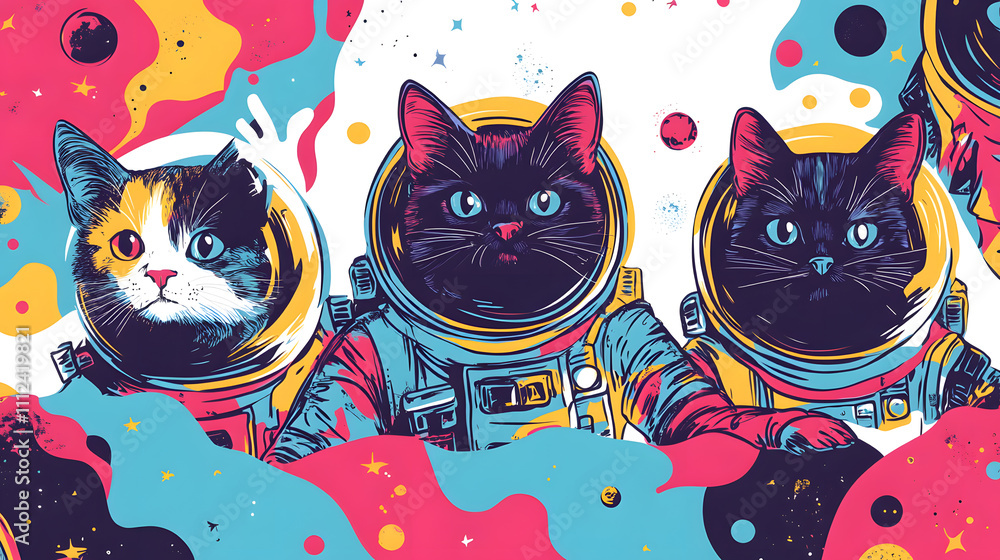 Fototapeta Whimsical and playful illustrations of cats in various humorous scenarios, featuring vibrant doodle art