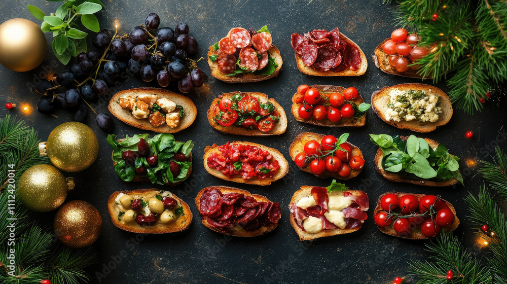different Bruschetta with vegetables, cheese, herbs, laid out in the shape of a Christmas tree on a festive table, dinner, New Year, Xmas, tasty treat, gourmet food, snacks, meal, catering different Bruschetta with vegetables, cheese, herbs, laid out in the shape of a Christmas tree on a festive table, dinner, New Year, Xmas, tasty treat, gourmet food, snacks, meal, catering