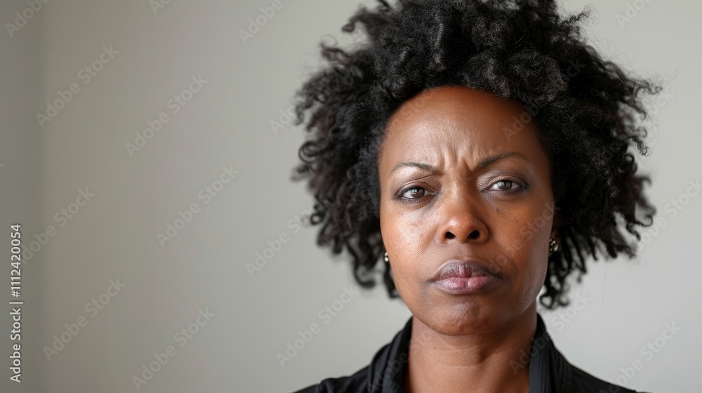 A black woman with an angry expression sporting natural hair and a black shirt. A black woman with an angry expression sporting natural hair and a black shirt.