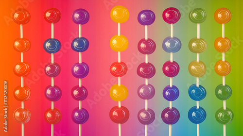 A vibrant collection of multicolored lollipops stands in unison, their swirls a feast for the eyes against a cheerful background, Colorful candies and sweets, Spiral rainbow color lollipops 