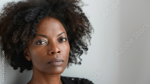 A black woman with curly hair and a black shirt looks directly at the camera.