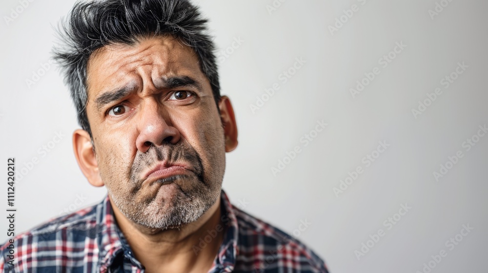 The image depicts a man with a grumpy expression characterized by his furrowed brow and downturned mouth. The image depicts a man with a grumpy expression characterized by his furrowed brow and downturned mouth.
