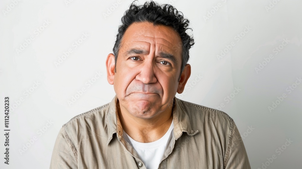 Obraz premium An Older man with a sad expression wearing a tan shirt over a white t-shirt of the background is a plain white wall.