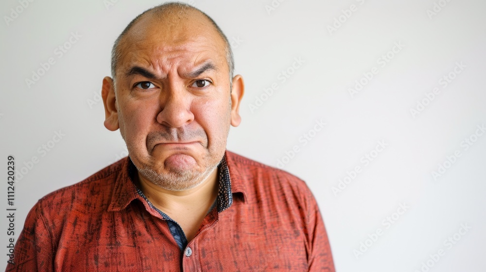 The image depicts a man with a frowning expression wearing a red shirt set against a plain white background. The image depicts a man with a frowning expression wearing a red shirt set against a plain white background.