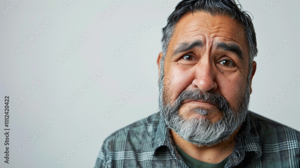 A portrait Of a middle-aged man with a beard and mustache wearing a plaid shirt. set against a plain white background. A portrait Of a middle-aged man with a beard and mustache wearing a plaid shirt. set against a plain white background.